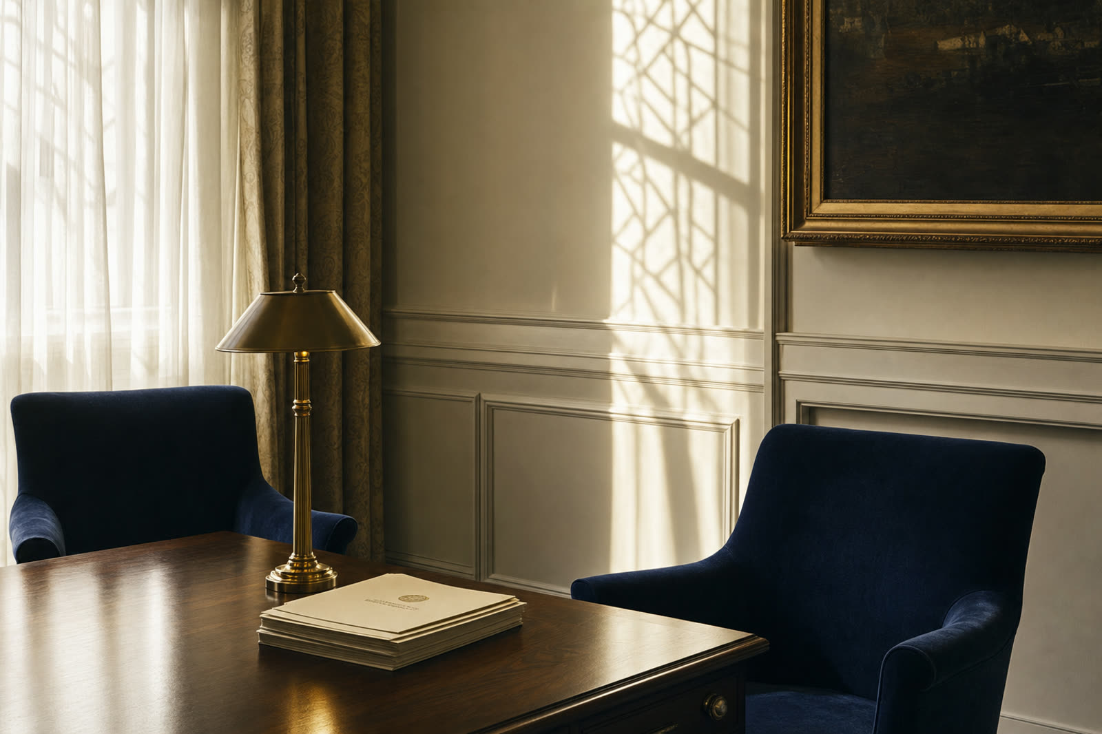An empty executive boardroom corner with navy velvet chairs, a brass lamp, and lattice shadow on the wall