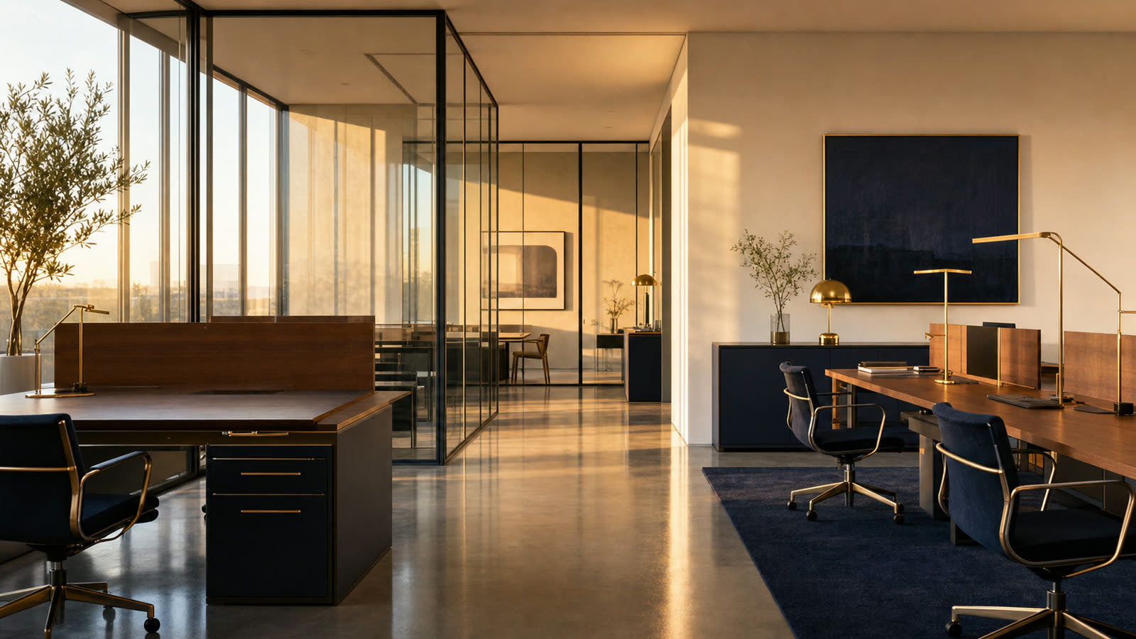 Empty modern office interior at golden hour with polished floors and glass partitions
