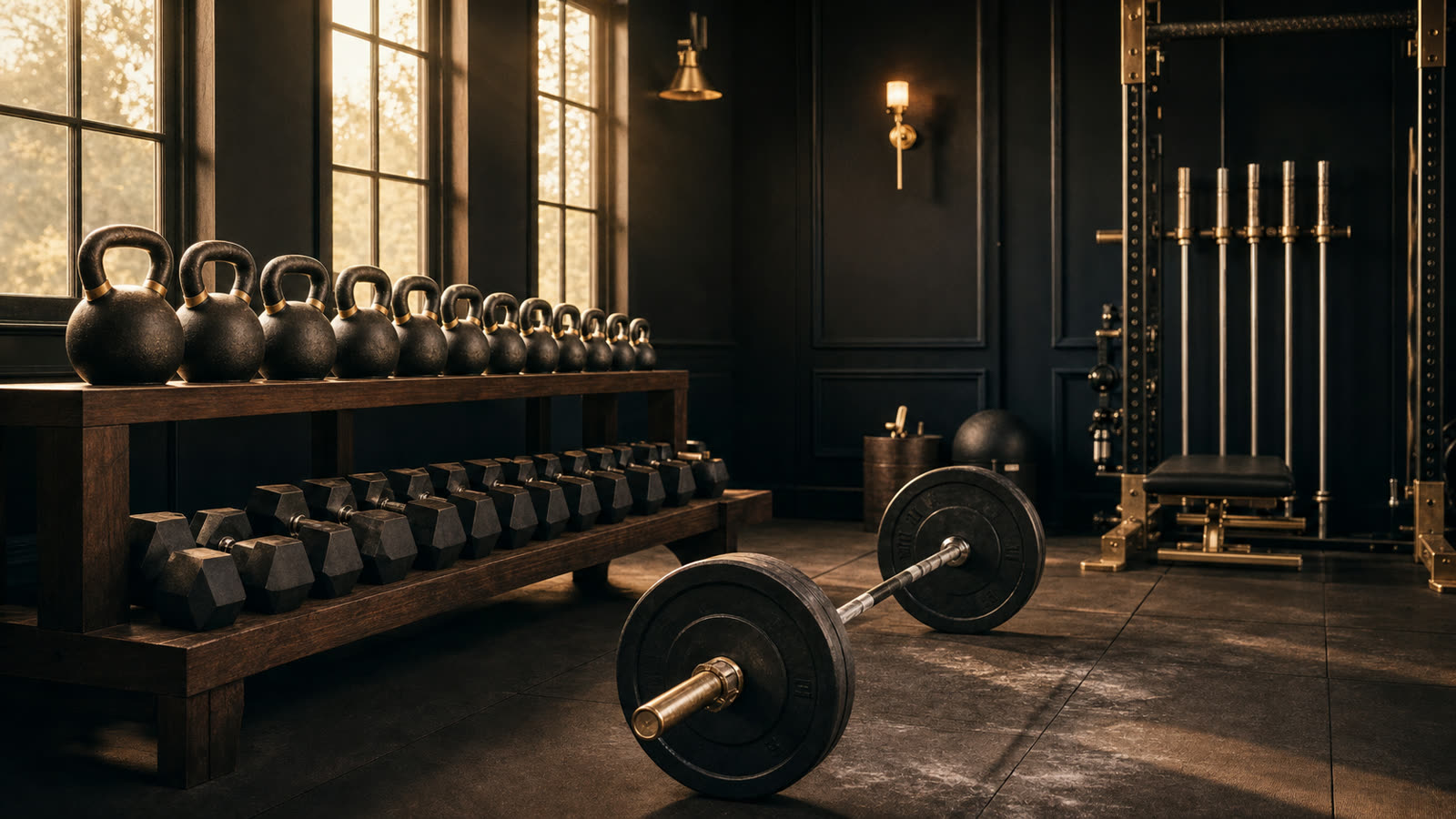 A dark strength studio at dusk, racked kettlebells and dumbbells beside a loaded barbell on the floor