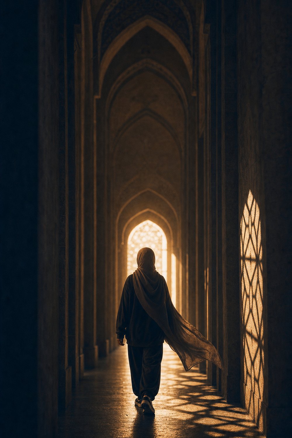 A woman in a flowing hijab walking away down a dim arched corridor toward warm golden light, geometric lattice shadow across the stone floor