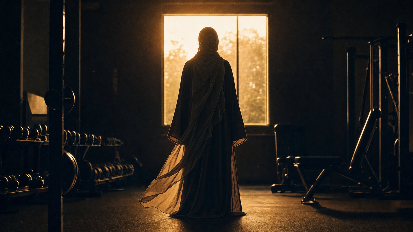 Backlit silhouette of a woman in a long flowing abaya and headscarf standing before a bright gym window at golden hour